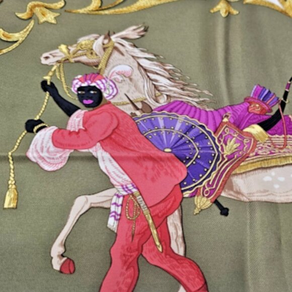 Hermès Cheval Turc Silk Scarf 90cm Olive Green Purple Horse Design by Vauzelles - Picture 1 of 10